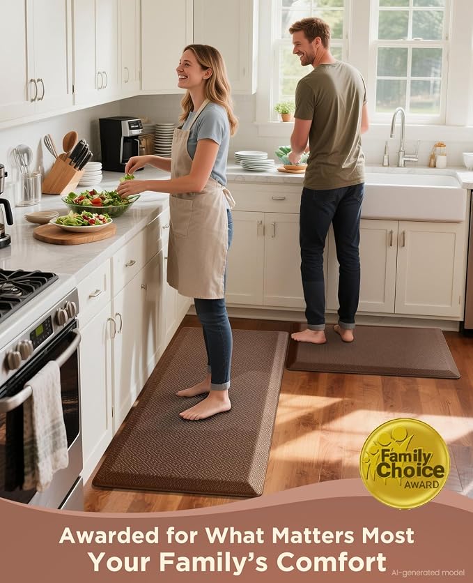 Ophanie Kitchen Mats for Floor, 3/4 inch Thick, 17x24 Anti Fatigue Cushioned Mat, Kitchen Rugs, Waterproof, Comfort Ergonomic Standing Mat for Office, Home, Sink, Brown Non-Slip Ridged Bottom