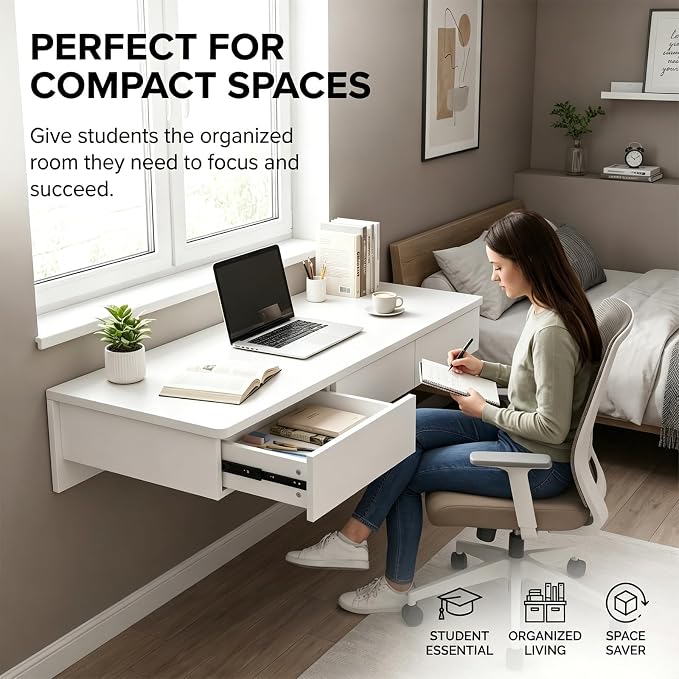 Floating Desk with Drawers, Wood Wall Mounted Desk, Floating Makeup Vanity, Space Saving, Sturdy and Stable, Floating Table for Living Room, Bedroom, Home, Office, White