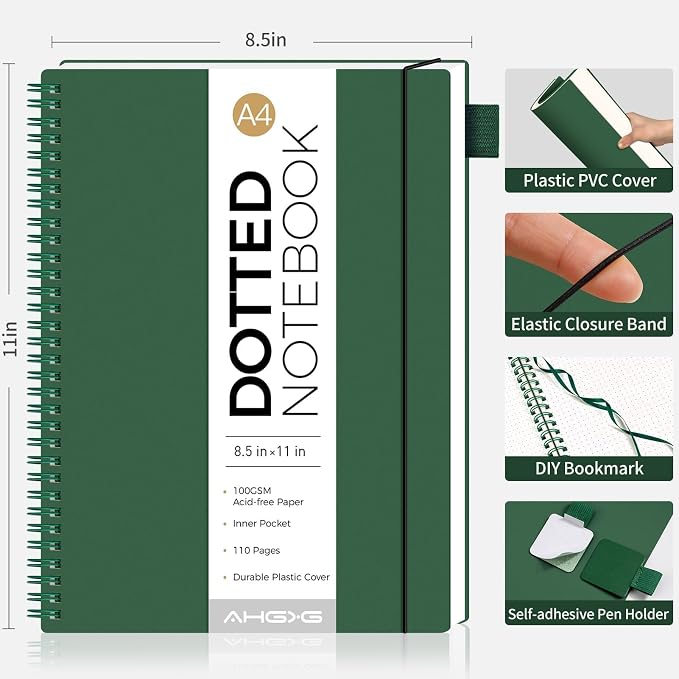 AHGXG Dotted Journal - Dot Grid Spiral Notebook 8.5" x 11", A4 Large Dotted Notebook, 100 GSM Thick Paper, Waterproof Plastic Cover Journals for Journaling, Sketching, Dark Green