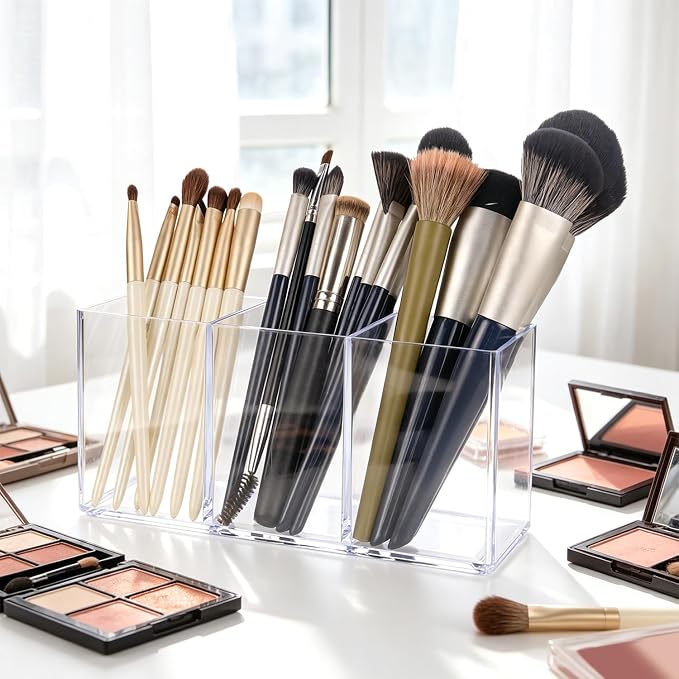 1 Pcs Acrylic Pen Holder 3 Compartments Clear Desk Organizer | Desk Organizer, Multi-Use Pencil Cup, Makeup Brush Silverware Caddy, For Office Classroom Bathroom Countertop Storage