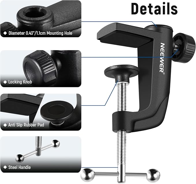 NEEWER Metal Table Mounting Clamp for Microphone Suspension Boom Scissor Arm Stand Holder with an Adjustable Positioning Screw, Fits up to 1.9inch/5centimeters Desktop Thickness (Black)