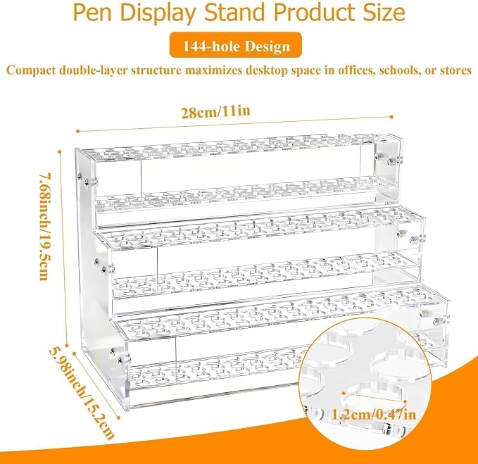 144-Slots Pen Holder for Craft Shows,3-Tier Acrylic Pen Display Stand Holders for Vendors,12mm Beadable Pens Display Beaded Pens Organizer Paint Brush Storage Makeup Brush Rack for School Essentials