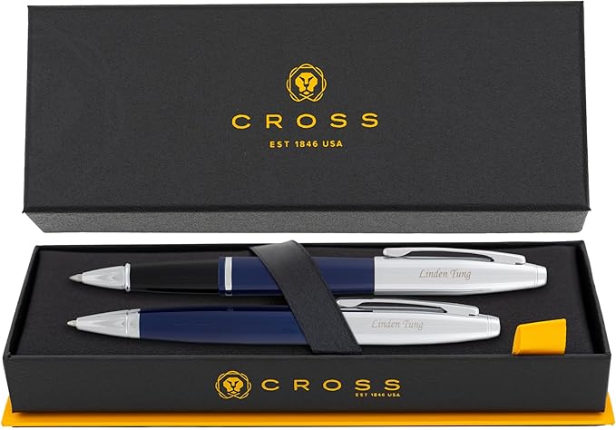 Cross Calais Engraved Ballpoint and Rollerball Pen Set, Blue Lacquer with Chrome Trim, Personalized Gift for Graduation, Retirement, Career Advancement, Executives, Cross Gift Box Included