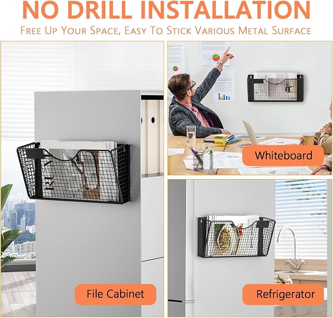 MFTEK Magnetic File Holder, 4 Pockets Magnetic File Folder Holder No Drilling Magnet Paper Mail Organizer Magazine Basket, Hanging Wall Storage Rack for Fridge Cabinets Office Classroom