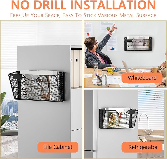 MFTEK Magnetic File Holder, 4 Pockets Magnetic File Folder Holder No Drilling Magnet Paper Mail Organizer Magazine Basket, Hanging Wall Storage Rack for Fridge Cabinets Office Classroom