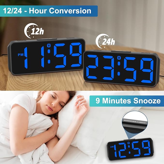 Peakeep Small Compact Digital Alarm Clock Plug-in for Bedrooms Bedside | Battery Backup Electric Clock, Large Big Numbers Display for Desk Table Small Spaces, 6 Dimmers, 5 Adjustable Alarm Volume