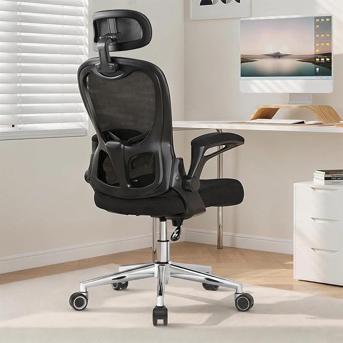 Office Chair, Ergonomic Breathable Mesh,Flip-Up Arms and Adjustable High Back Lumbar Support,Comfy Computer Chair for Home Office (Black, 407)