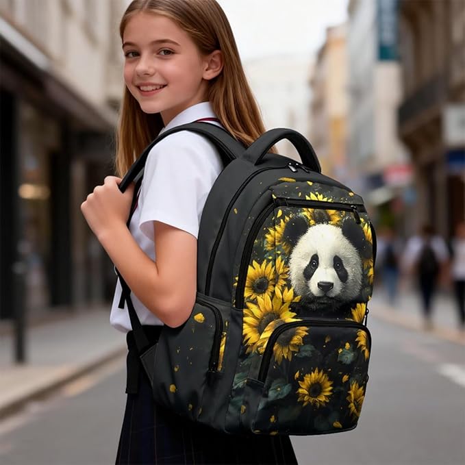 Kids Backpack Panda Floral Large Capacity School Bags and Lunch Box Set, Novelty Graphic Backpack for Middle School & Travel Back to School Supplies for Boys Girls 8-10