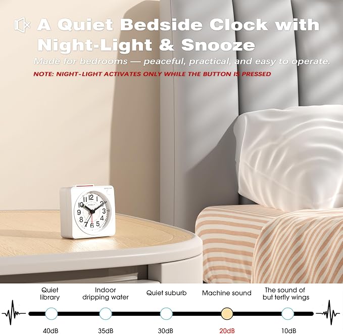 AYRELY® 2.6" × 1.4" Ultra Small Battery Operated Analog Travel Alarm Clock | Silent Non-Ticking Retro Bedside Table Clock with Snooze, Light and Easy Top Alarm Switch for Travel and Bedrooms (White)