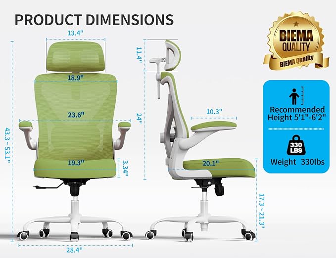 Ergonomic Office Chair: Mesh Desk Chair Comfy with Headrest& Lumbar Support | Ergalithic Big and Tall Office Chairs with Wheels & Flip-Up Arms-Computer Gaming Chairs for Adults Home Office Chairs(Green)