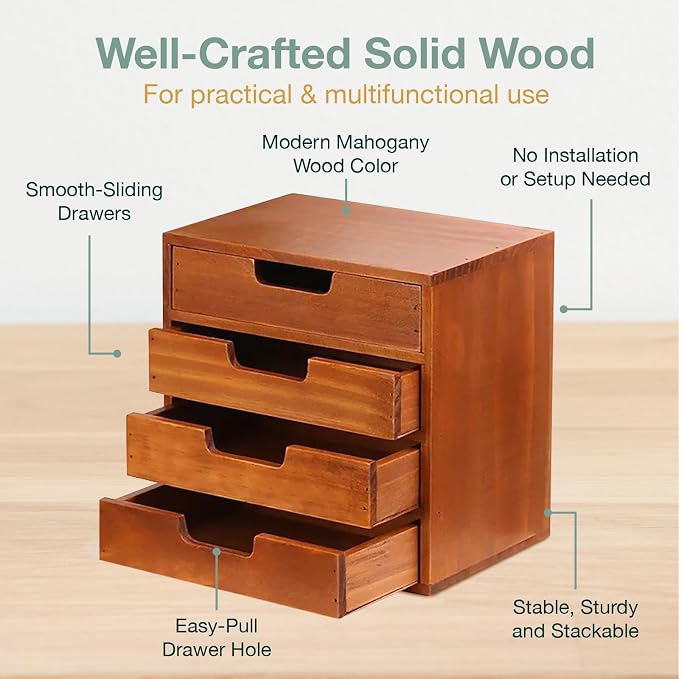 4-piece Drawer Cabinet Bundle Set - Modern Mahogany Wood Stackable Units - Multi-level Drawer Desktop Storage Organizers (4-Pack)