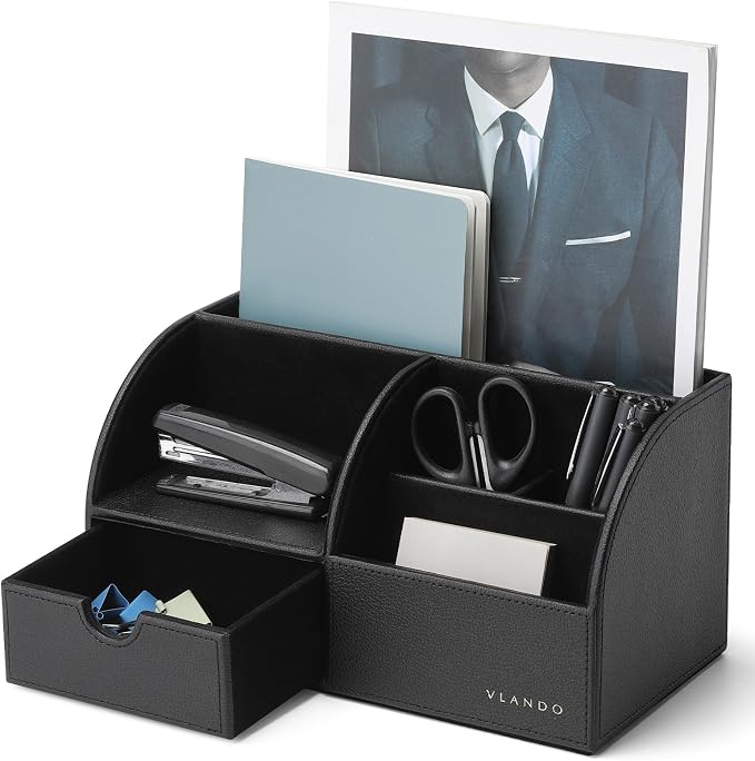 VLANDO Desk Organizer, 6-Compartment Faux Leather Desk Storage with Drawer | Remote Control Holder for Office Desk Accessories,Pens, Notes,Stationery,Business Cards,Gift Ideas,Black