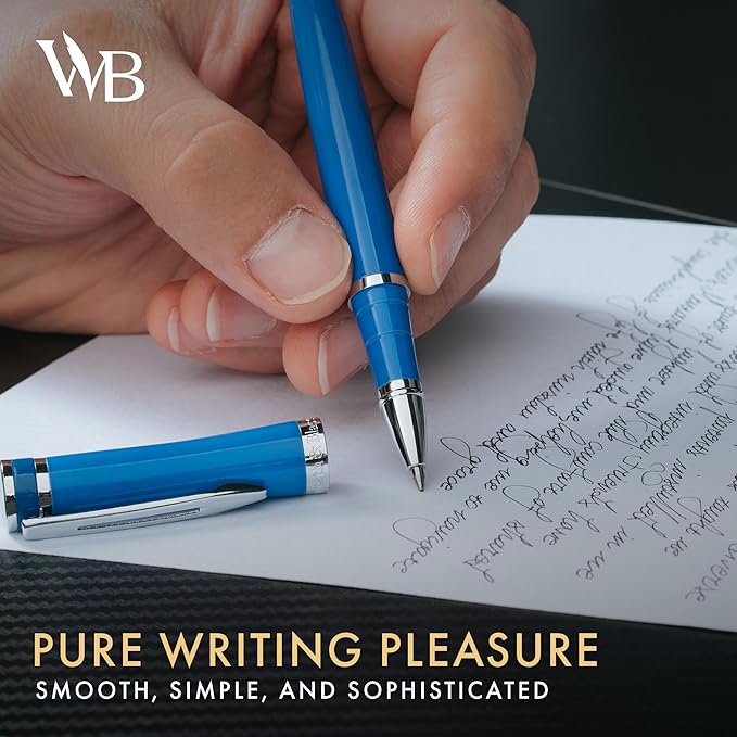 Wordsworth and Black Rollerball Pen - Luxury Pen - Chrome Finish, Blue Lacquer, Ink Refill, Refillable, Gift for Men & Women, Professional Writing, Nice and Fancy Pens and for Work