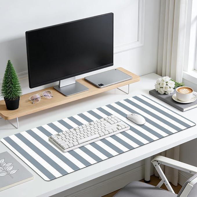 Gray Desk Pad, PU Leather Desk Mat, XXL Extended Mouse Pad Waterproof Striped Desktop Blotter Protector, Non-Slip Large Laptop Keyboard Writing Mat for Office Home