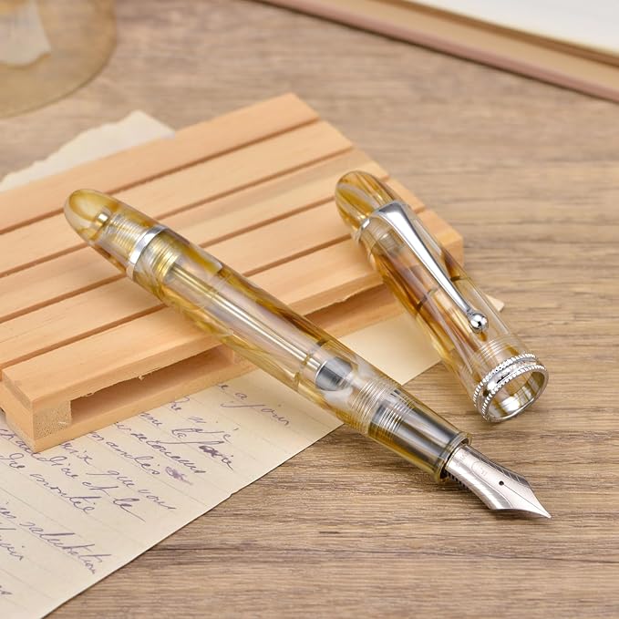 Asvine V800 Fountain Pen – Vacuum Filling System with Large Ink Capacity – Smooth Number 8 Extra Fine Nib with Gift Case and Wrench- Brown White