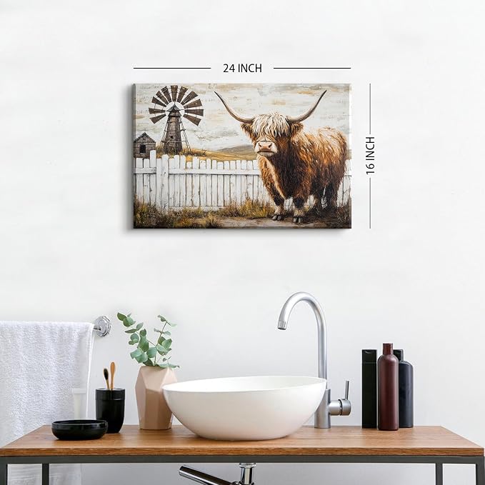 Retro Highland Cow Wall Art for Living Room Country Barn Pictures Wall Decor Fall Windmill Scenery Canvas Painting Western Decor Wildlife Poster Prints Artwork Farmhouse Kitchen Decorations 16x24"