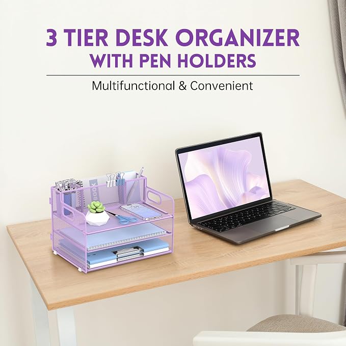 3-Tier Desk Organizer with Pen Holder and Handles, Paper Organizer, Purple | Desk Organizer and Paper Organizer for Desk with Pen Holder, Paper Trays and Handles for Files, Mail and Office Supplies