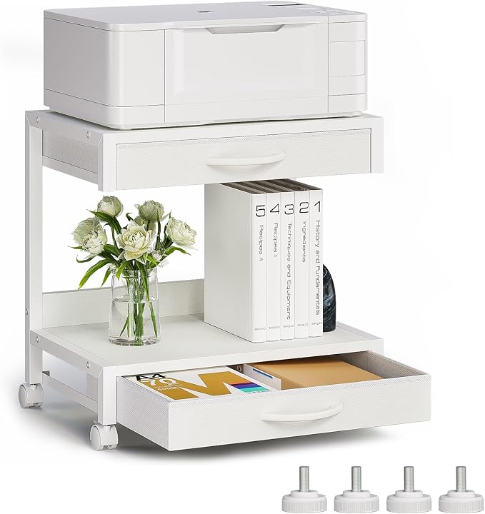 VENNQD 2-Tier Desktop Printer Stand with 2 Fabric Drawers, Prtiner Table with Storage Shelf, Desk Organizer for Home Office,3D Printer,Fax Machine,Scanner (White, 2 Tier)