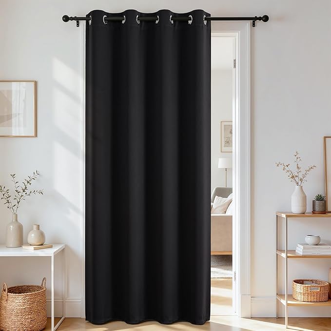 Joydeco Blackout Door Curtain for Doorway Privacy 72 Inches Long, Grommet Closet Curtain for Open Closet, Room Divider for Bedroom Living Room (Black, 52Wx72L, 1 Panel)