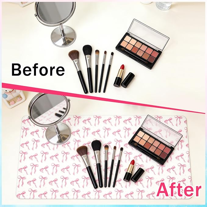 2 Pcs Bow Makeup Mat, Dual-Sided Leather Desk Pad, Waterproof Bow Makeup Table Cover for Vanity Top Protector Countertop Decor, Gifts for Women Home