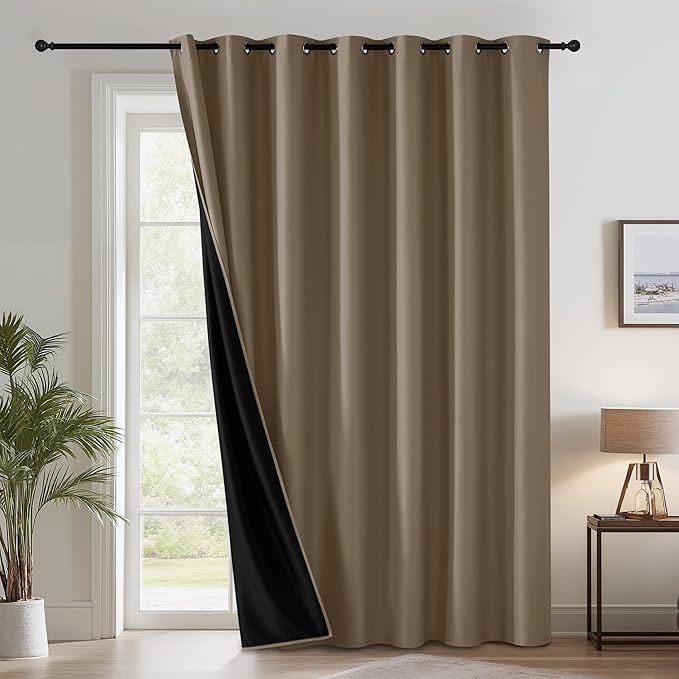 RYB HOME Extra Wide 100% Blackout Patio Door Curtain 96 inch Long, Grommet Room Darkening Room Divider Drapes, Sliding Door Curtains for Living Room/Bedroom Large Window, Mocha, W100 x L96