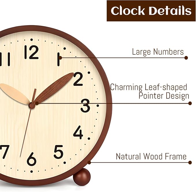 Maxspace Wooden Table Clock,8in Silent Non-Ticking Desk Clock,Battery Operated Desktop Analog Clock for Living Room Bedroom Kitchen Office Classroom Decor (Walnut - Log)