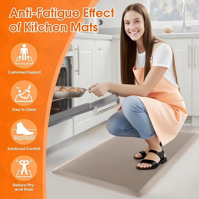 TranquilRelax Kitchen Mat, Cushioned Thick Floor Comfort Mat, with Non-Slip Bottom, Waterproof & Stain Resistant & Easy Clean, Standing Desk Mat for Kitchen, Sink, Office (17.3''x28'', Khaki)