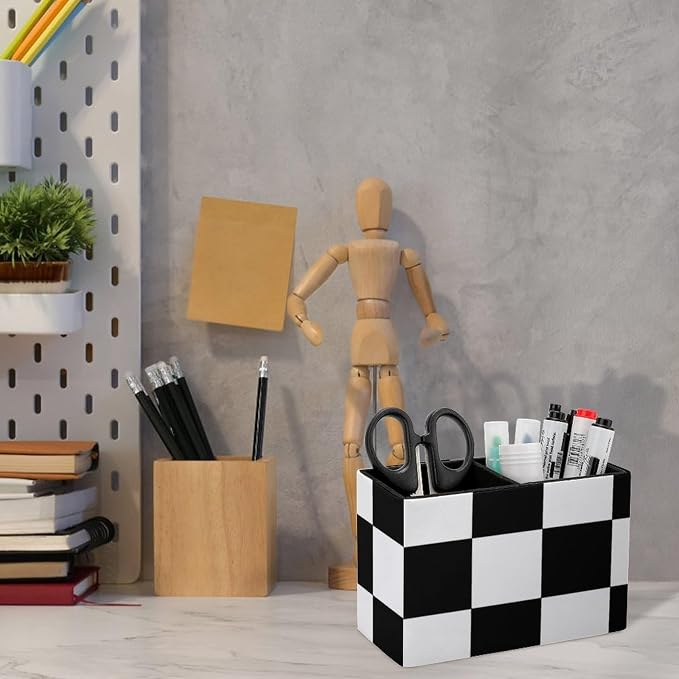 Black And White Grid PU Leather Pen Holder Desk Organizer, 2-Compartment Pencil Container for Office, Home, Vanity Use
