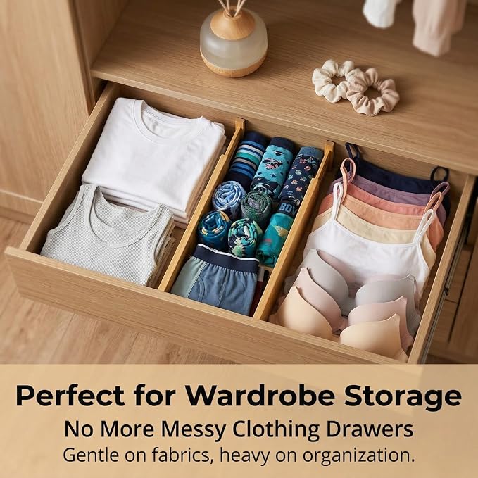 FUSHITON Bamboo Drawer Dividers 17"-22" Adjustable Expandable Drawer Organizers Spring Loaded Drawer Separators for Kitchen Dresser Bathroom Bedroom Office Storage, 4 Pack