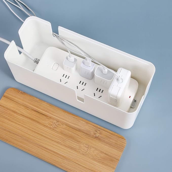 Changsuo Small Cable Management Box with Bamboo Lid for Extension Cord Power Stripe Surge Protector Wire Concealer Organizer Cover Hider (White)