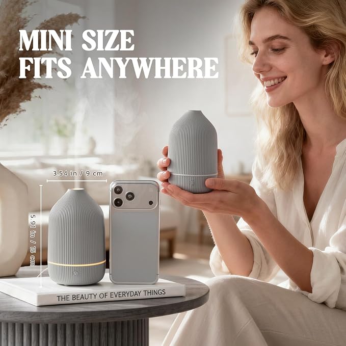 Essential Oil Diffuser, 100ml Aromatherapy Diffuser, Mini Ultrasonic Diffuser for Essential Oil, Home, Office, Cool Mist Humidifier with 7 Led Light, Auto Shut-Off, Grey