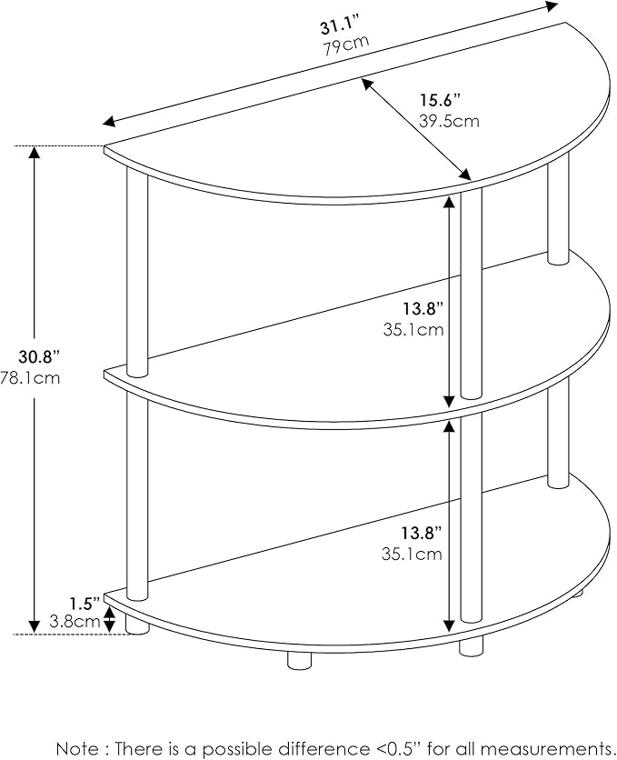 Furinno Frans Turn-N Half Round Console Table with Stainless Steel Tubes, White Oak, 15.6D x 31.1W x 30.8H in | Console Table with Storage Shelf, Narrow Sofa Side, Stainless Steel Tubes, for Living Room, Home Office, Entryway