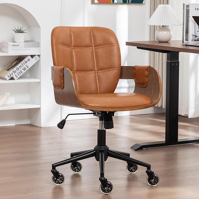 Mid Century Modern Office Chair, Floor Protective Silent Casters | Ergonomic Curved Back, Bentwood Frame, 360° Swivel & Rocking Function, Height Adjustable 19"-23", Support Up to 350 lbs