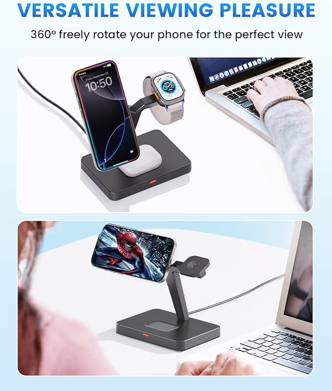 3 in 1 MagSafe Wireless Charger Stand : JoyGeek Foldable Portable Station for iPhone 17 16 15 Plus Air, Apple Watch Series 11 10, AirPods 4 (Black)