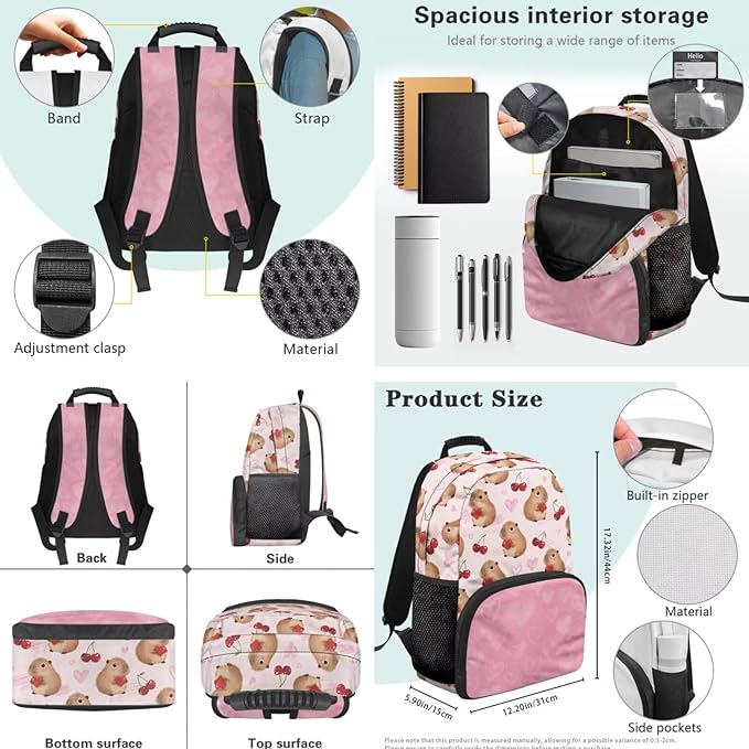 Capybara Cherry Backpack for Teen Girls Primary School Bookbags 3 Piece Set Back to School Supplies Kids Schoolbags with Lunch Bag and Pencil Box