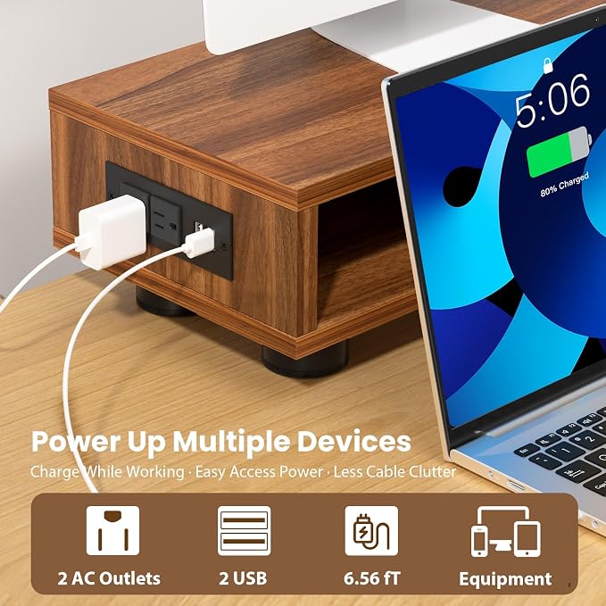 Artswish Dual Monitor Stand with Power Outlet, 42" Walnut Monitor Riser | Built-In Power Outlet, Drawer & Sliding Door Storage, Ergonomic Viewing Height, Walnut Wood Finish, For Office Work & Study
