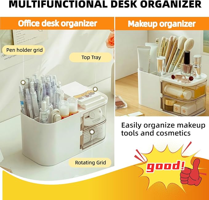Desk Organizer with 3 Compartments and 2 Drawers, Multi-Functional Pencil Holder for Desk Organizers and Accessories for School, Home, Office Supplies, ‎6.89" x3.54" x 3.62''