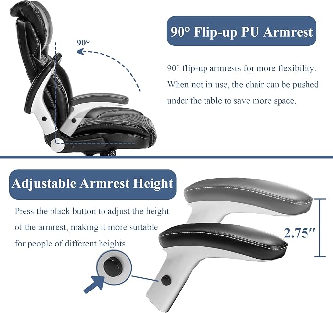 Big and Tall Office Chair, Heavy Duty Office Chair-500lbs Ergonomic Home Office Desk Chair with Adjustable Headrest and Flip-up Armrests High Back Swivel Task Chair with Deluxe Designed Leather