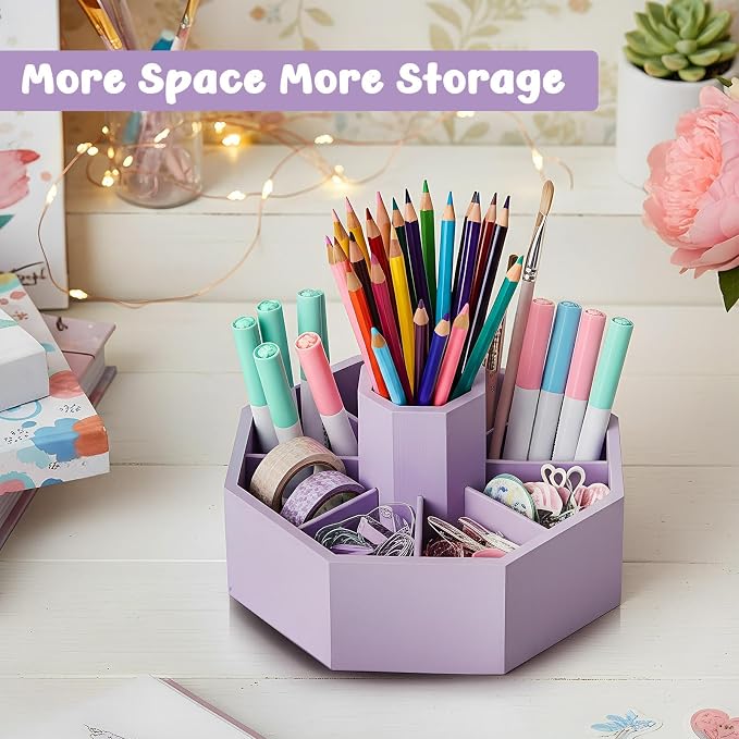 360° Rotating Pencil Holder for Desk Bamboo Rotating Marker Pen Desk Organizer Art Supply Gifts or Desktop Storage Caddy, Crayon, Marker, Pencil(Light Purple)