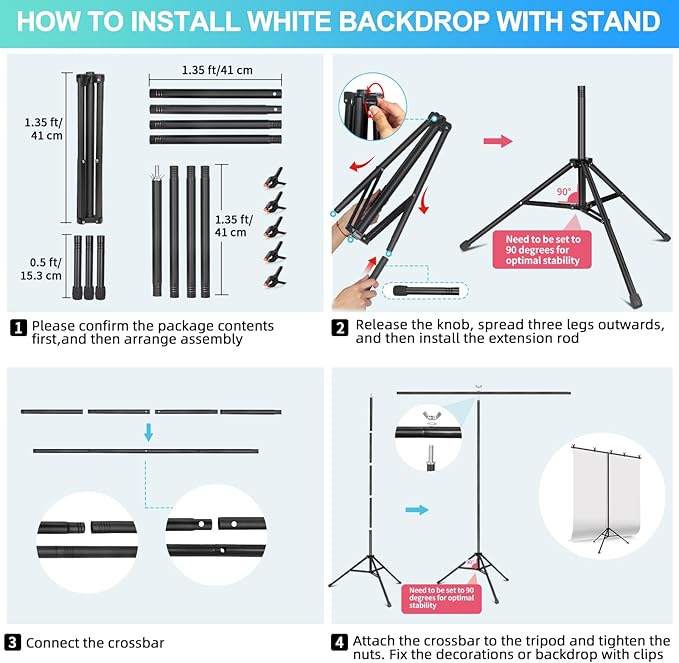 White Backdrop with Stand for Photoshoot, 5X6.5ft White Photo Backdrop with T Shape Background Backdrop Stand for Photography, Portable Photo Backdrop Curtain Stand Kit w Carrying Bag 5 Spring Clamps