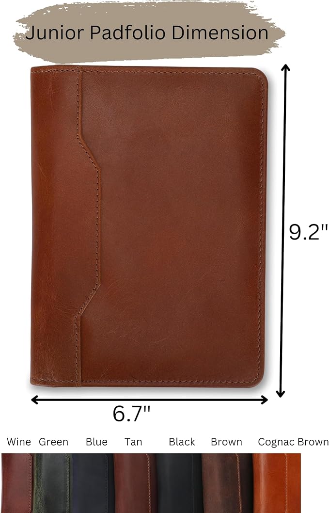 Leather Junior Padfolio for Men Women Business Portfolio Folder Compact 5 x 8 Legal Pad Organizer with Pen Loop Professional Resume Interview Document Holder Padfolio (Cognac Brown)