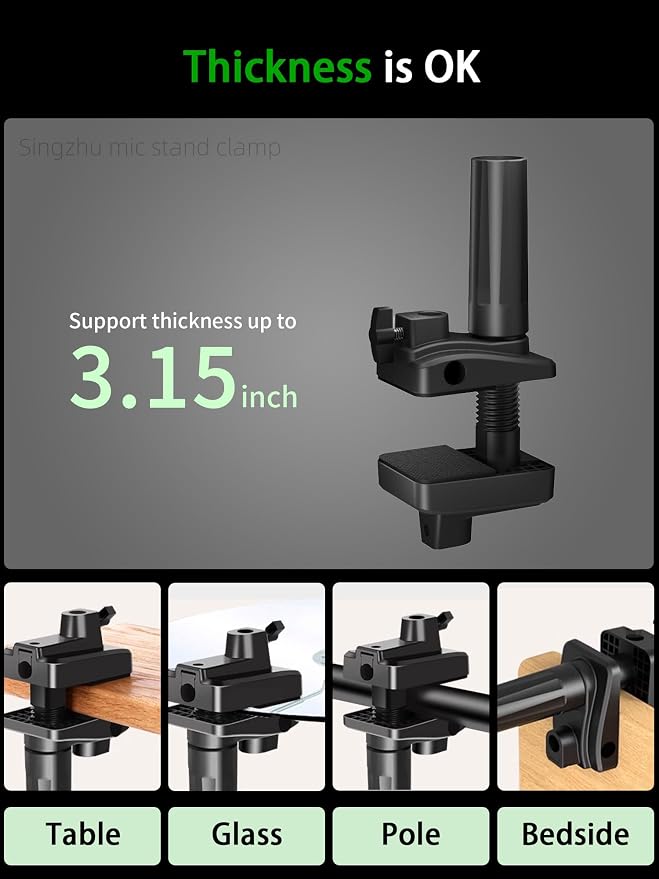 Desk Clamp Mount For Microphone Suspension Boom Scissor Arm Stand Holder, 5 Ways Boom Arm Insert Holes(12mm), Stable Installation on Tables/Beds up to 3.2 inches Thickness (Black)