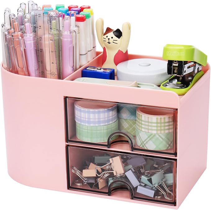 Meiikun Desk Organizer with Drawer, Pen Organizer for Desk, Small Pencil Holder, Desk Organizers and Accessories for Office Home Storage (2 Drawers+4 Compartments, Pink)