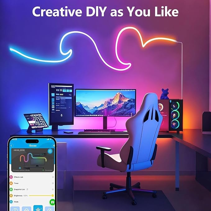 RGBIC Neon Rope Lights, Smart LED Neon Rope Lights with Remote APP Control，Music Sync, Custom DIY Neon Strip Lights for Gaming Room and Wall Decor, Secure Mounting Clips, 6.6ft