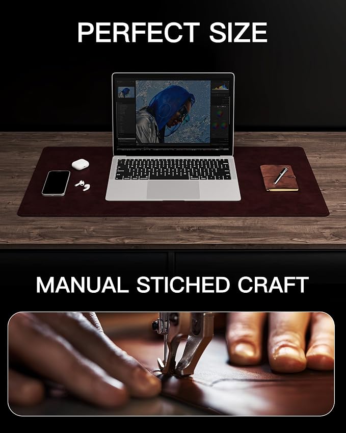 YSAGi Genuine Leather Desk Mat, 35.4"x17" Office Desk Pad, Thick Desk Pad Mat with Stitched Line, Non-Slip Desk Mat with Rubber Base (Red Brown, 35.4"x17")