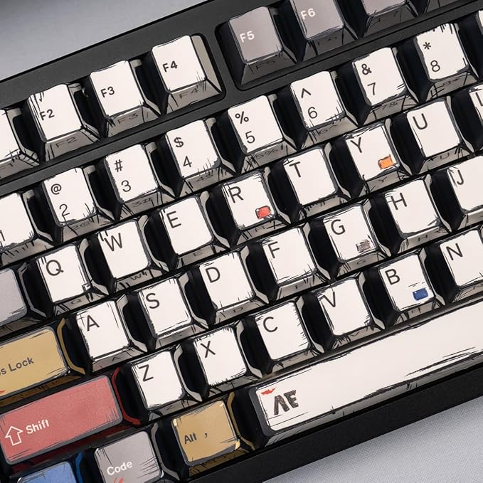 Japanese Manga Keycaps, PBT Side Printed Keycaps, Retro Custom Cherry Profile Keycap Set, 128 Keys Cool Anime Key Caps for 60%, 65%, 75%, 100% Cherry MX Switches Mechanical Keyboard