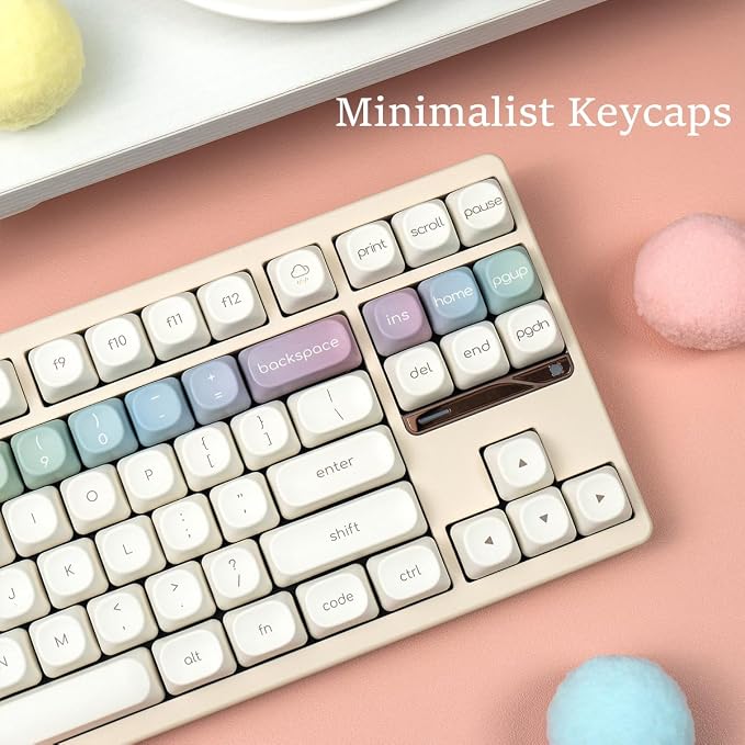 MOA Profile Keycaps, Rainbow PBT Keycap, Minimalist White Cute Round Keyboard Keycap, Dye-Sublimation Colorful Custom Key Cap for 61/64/68/84/87/100/104/108 Cherry MX Mechanical Keyboards(124 Keys)