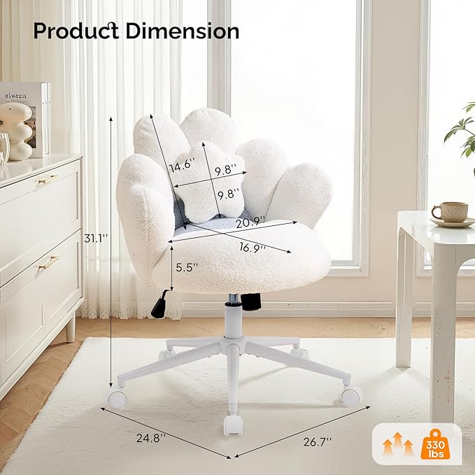 VINGLI Lovely Petal Vanity Desk Chair with Star Pillow, Height Adjustable Armless Swivel Chair in Vibrant Color-Blocking, Modern Computer Task Chair for Bedroom & Home Office, Teddy Fleece,White