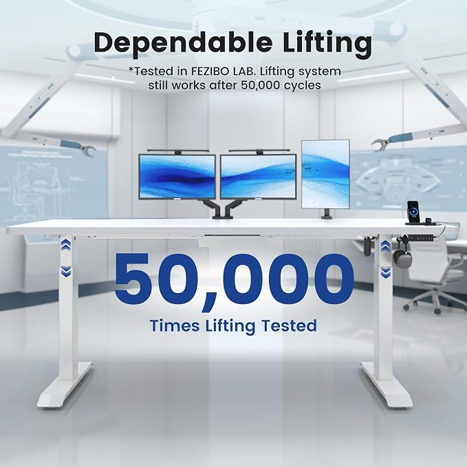 FEZIBO 63 x 37 Inch Electric Standing Desk with Integrated Dual-Beam & Cable Management, Memory Height Adjustable Computer Desk for Home Office Workstation, 1" Thick Large 3-Piece Tabletop White