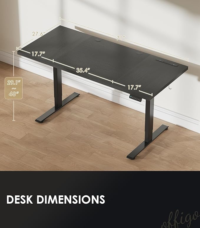 OffiGo 71 Inch Executive Electric Standing Desk Height Adjustable, Black | 1.38" Thick 3-Panel Desktop, Power Outlets, 3 Memory Presets, Dual-Beam Frame for Home Office, Workstation, Conference Room